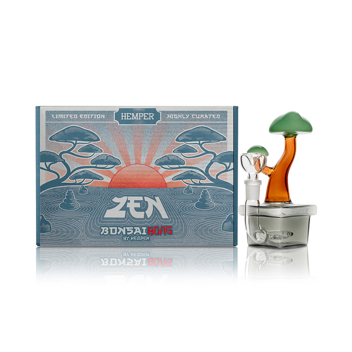 Boxed Hemper bonsai bong set showing stable planter base and included 14.5 mm male bowl, giftable retail packaging