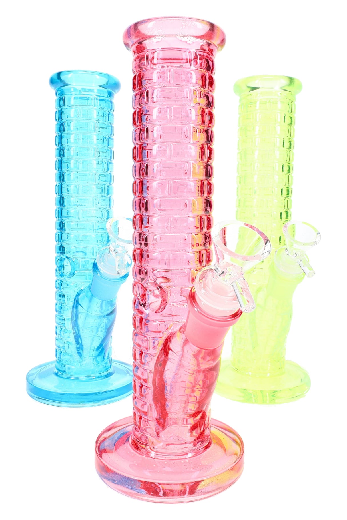 Assorted 9½″ brick-textured straight shooter bong set in mixed colors with ice pinch, grouped display photo