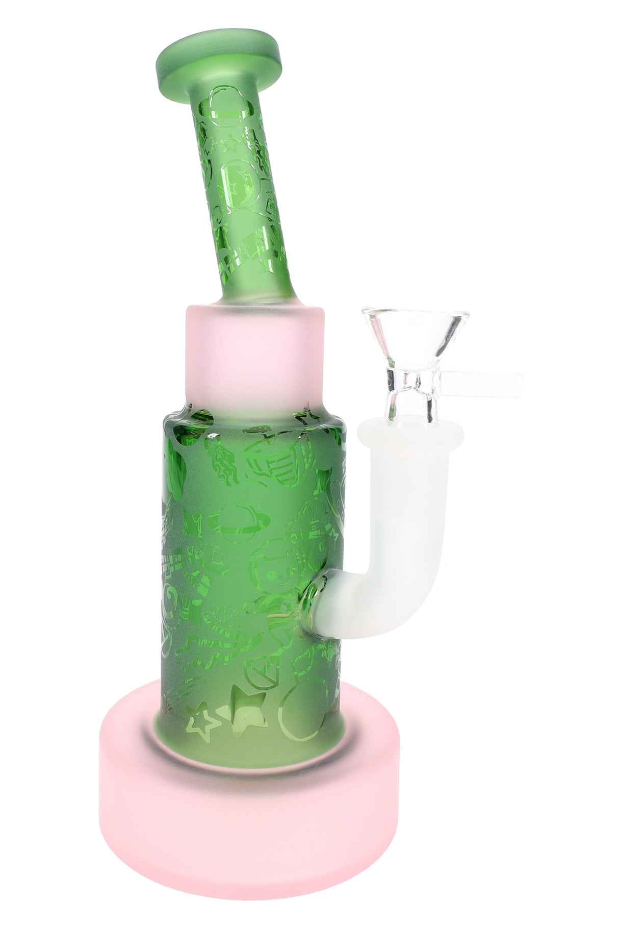 Green frosted space bong with pink base, etched space pattern, and clear bowl slide on frosted side joint