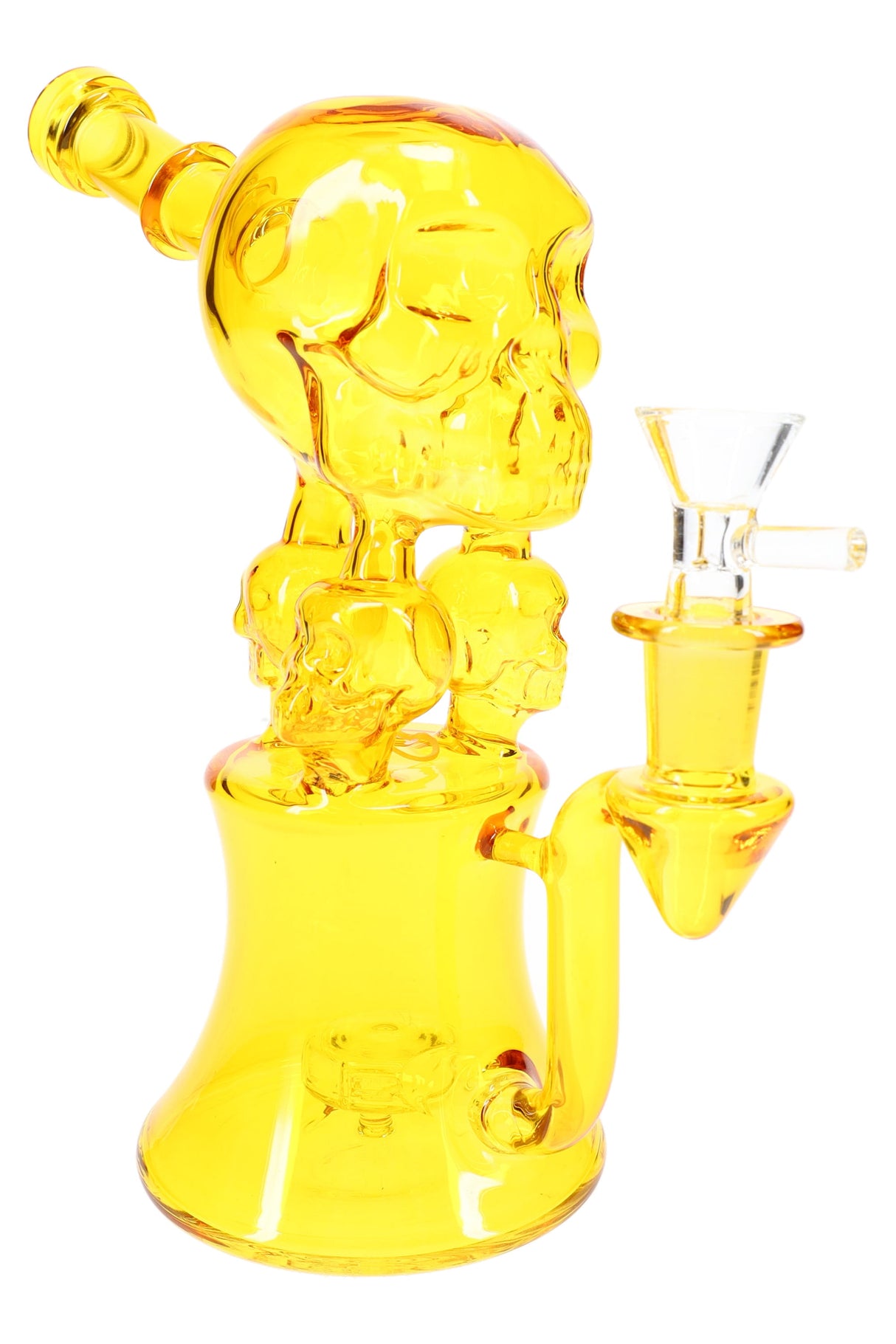 Yellow GoG skull recycler bong with showerhead perc and 14.5 mm female joint, side view with bowl slide