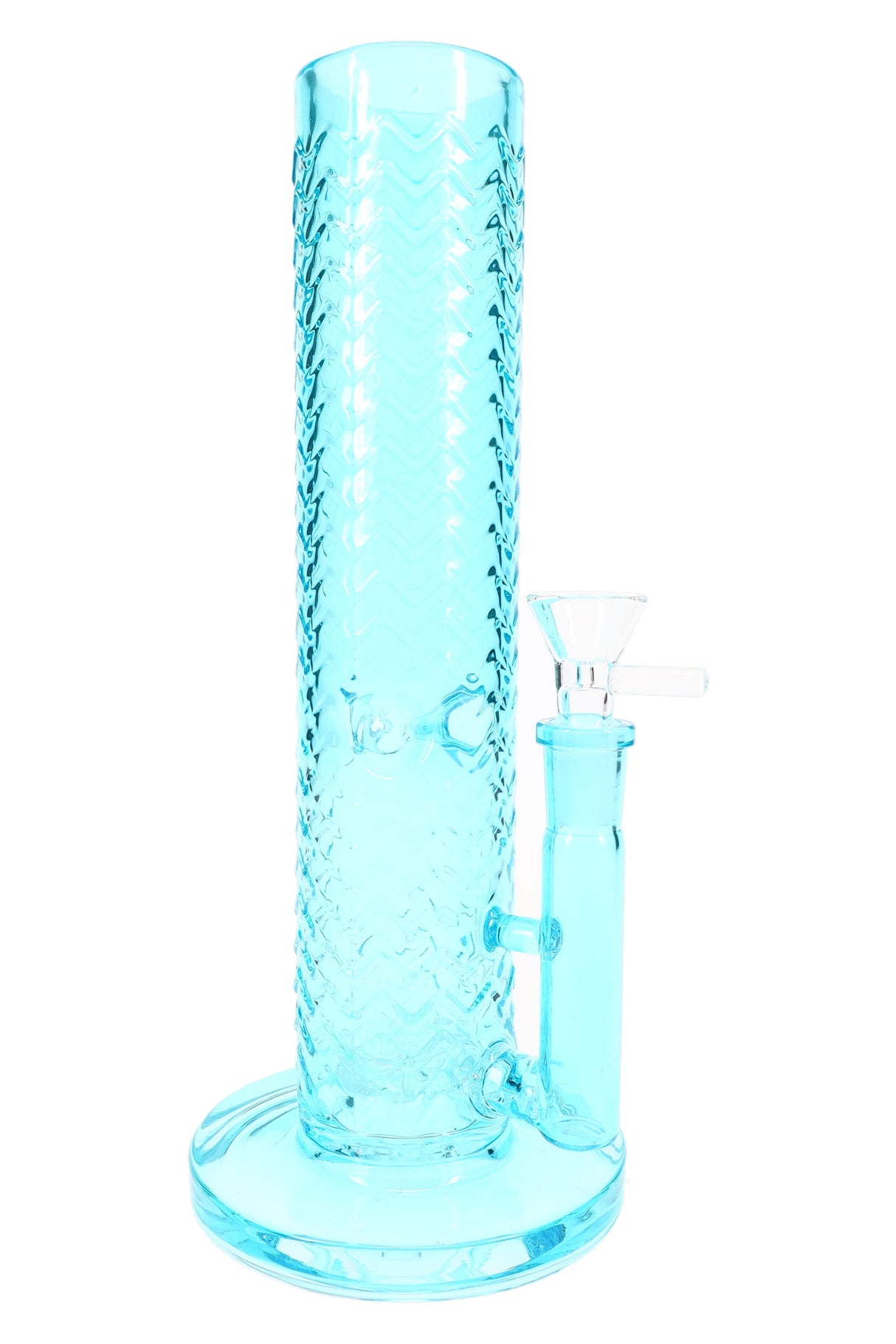 Blue 10″ wave-texture straight shooter bong with showerhead perc and ice pinch, upright front view