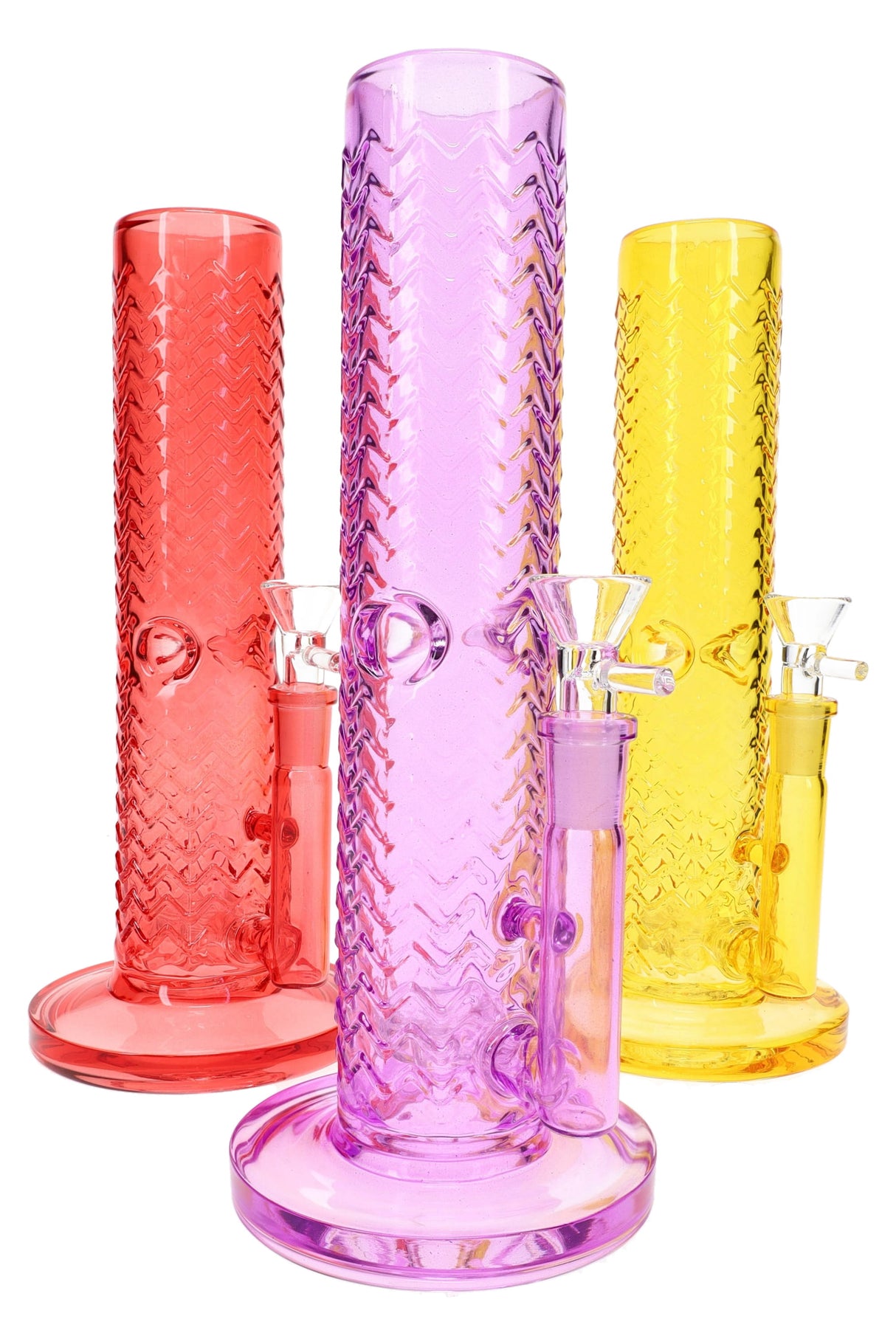 Assorted wave-texture straight shooter bongs with matching bowls, multi-color lineup on white background