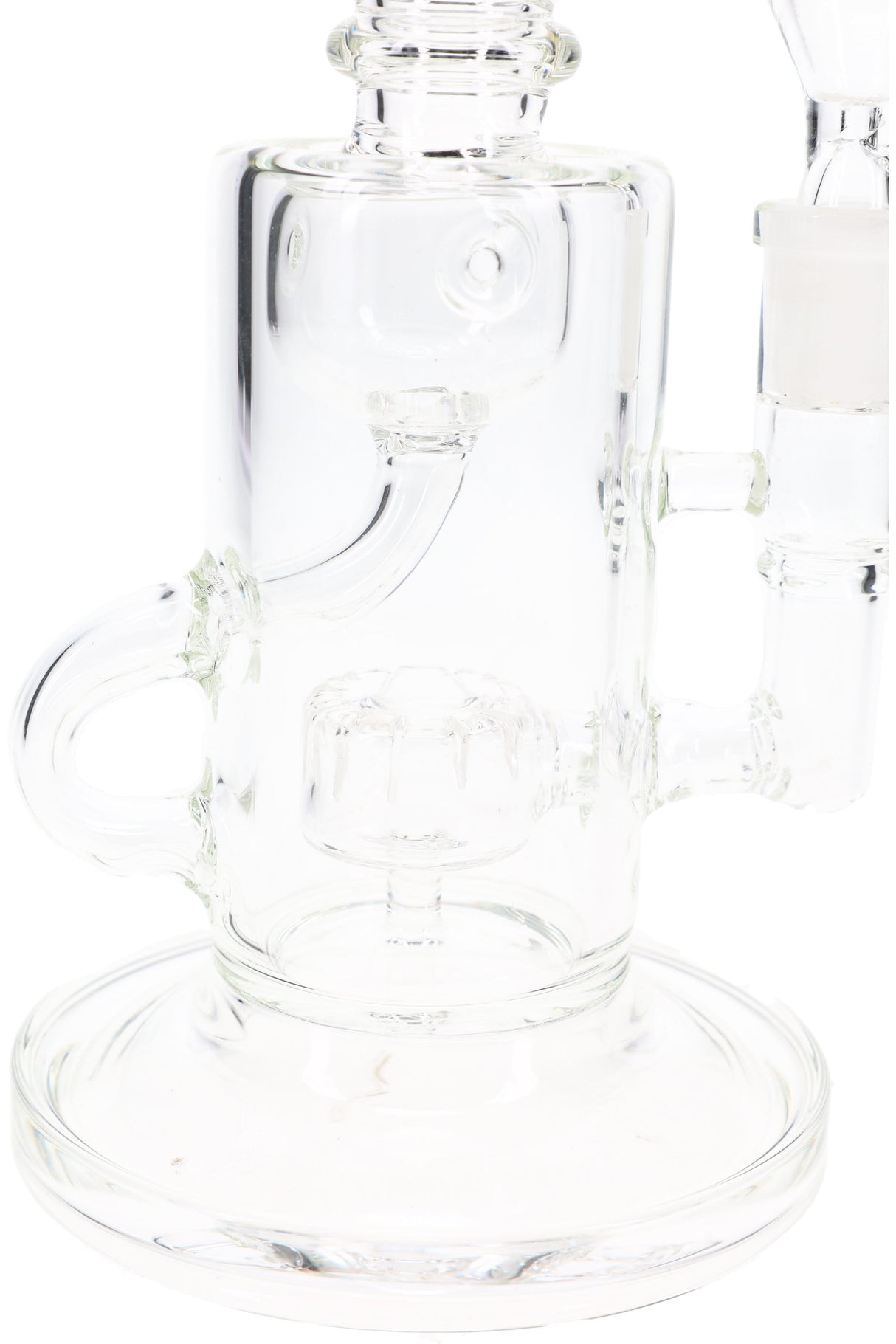 Close-up of clear recycler bong showing Fabergé chamber and stemline drum percolator inside the base