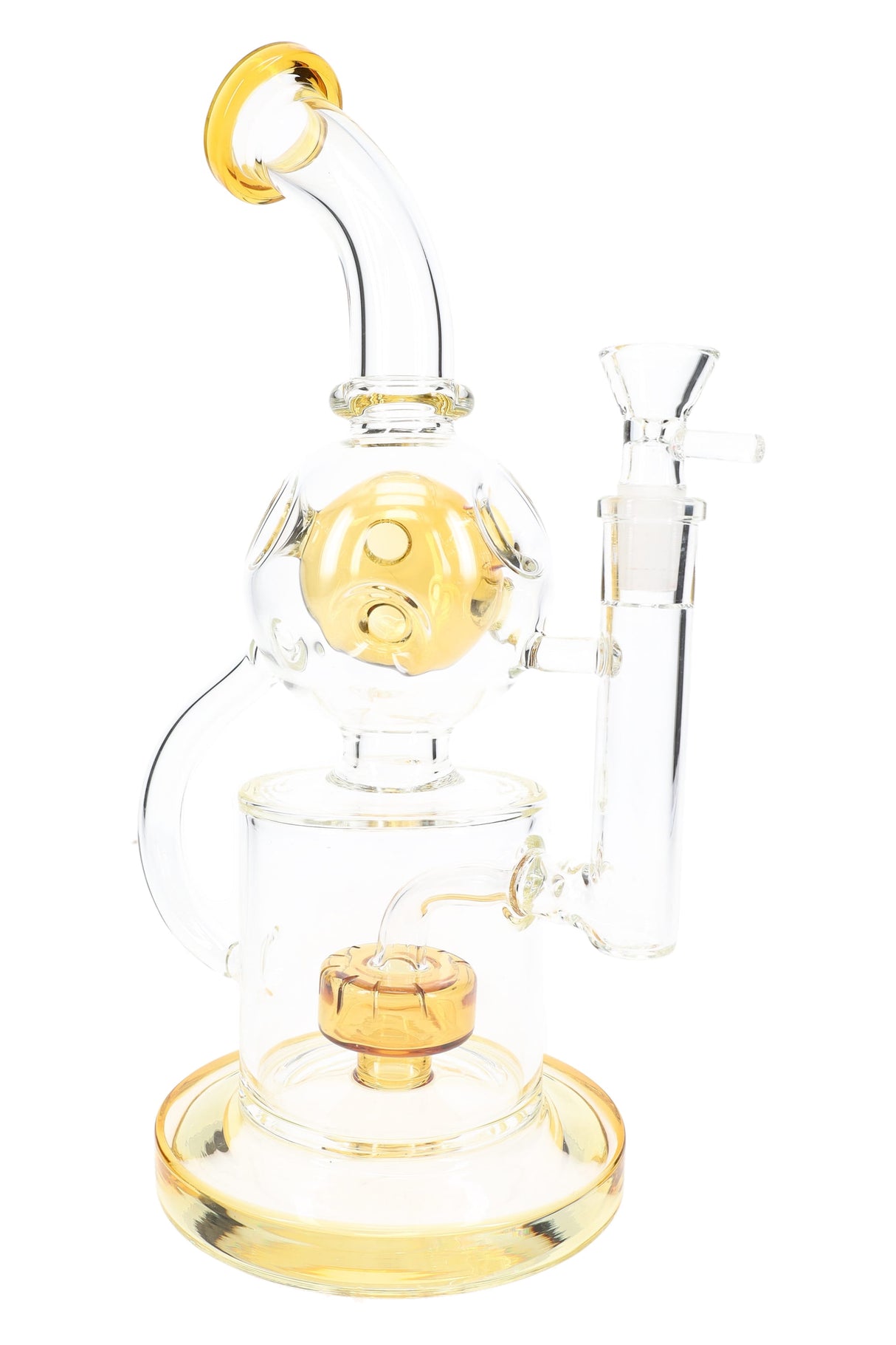 Amber-accent GoG Fabergé recycler bong with drum perc and egg chamber, upright product photo on white