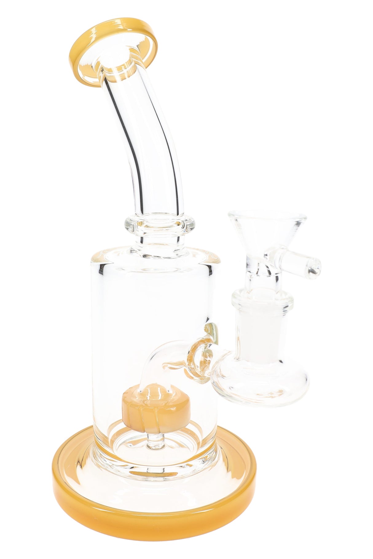 Amber-accent 7½″ stemless bent-neck glass bong with showerhead perc chamber and matching bowl