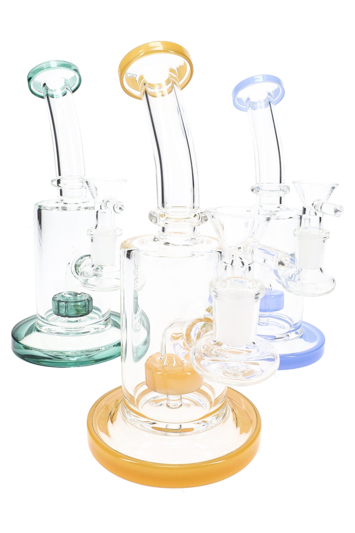 Assorted 7½″ stemless straight shooter bongs in blue, green, and amber accents with matching bowls