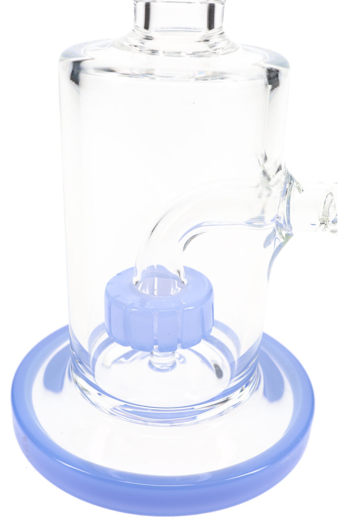 Close-up of blue stemline showerhead percolator inside compact straight shooter glass bong chamber