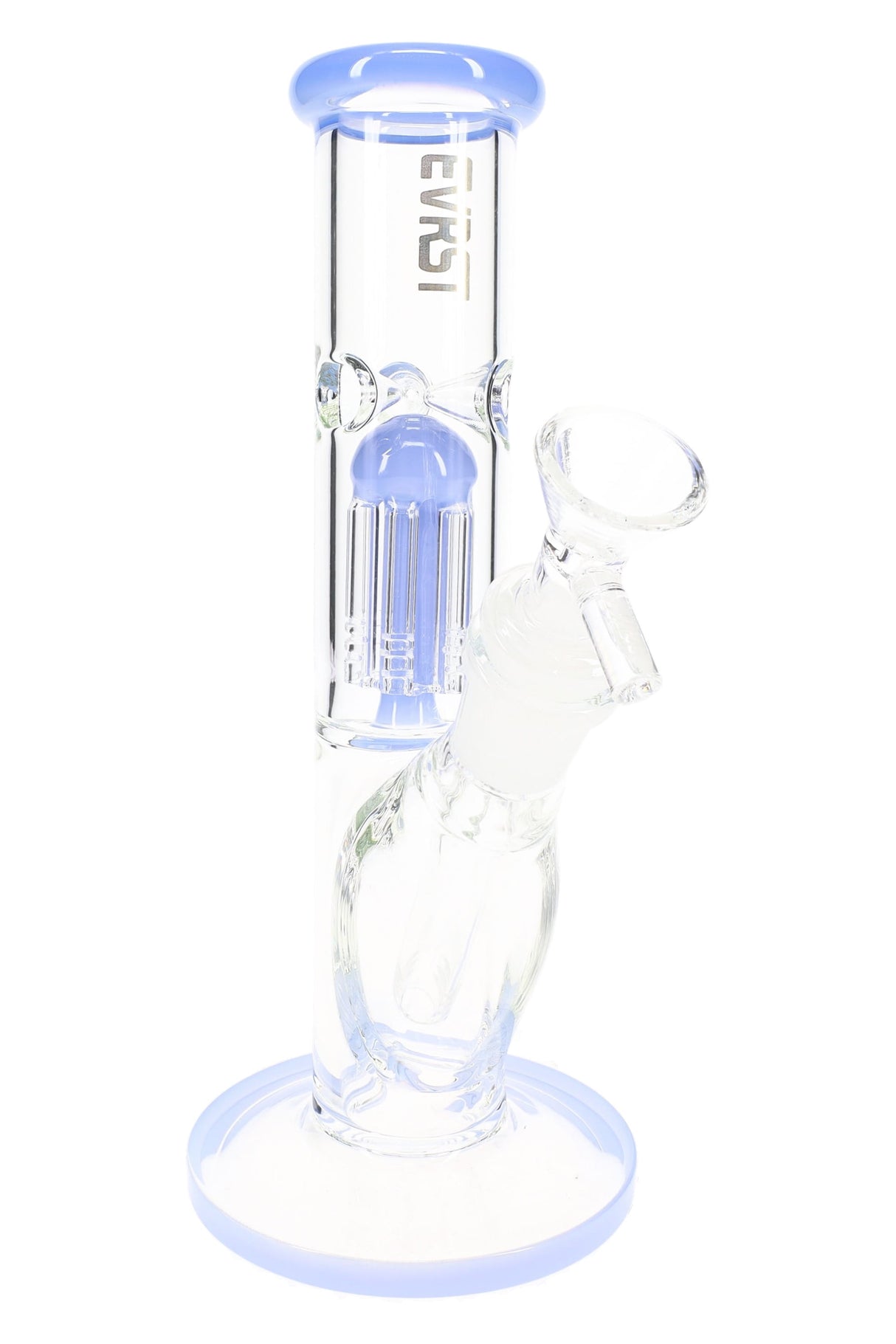 EVRST 8½″ straight shooter bong with blue accents, tree perc diffuser and angled glass-on-glass joint with bowl