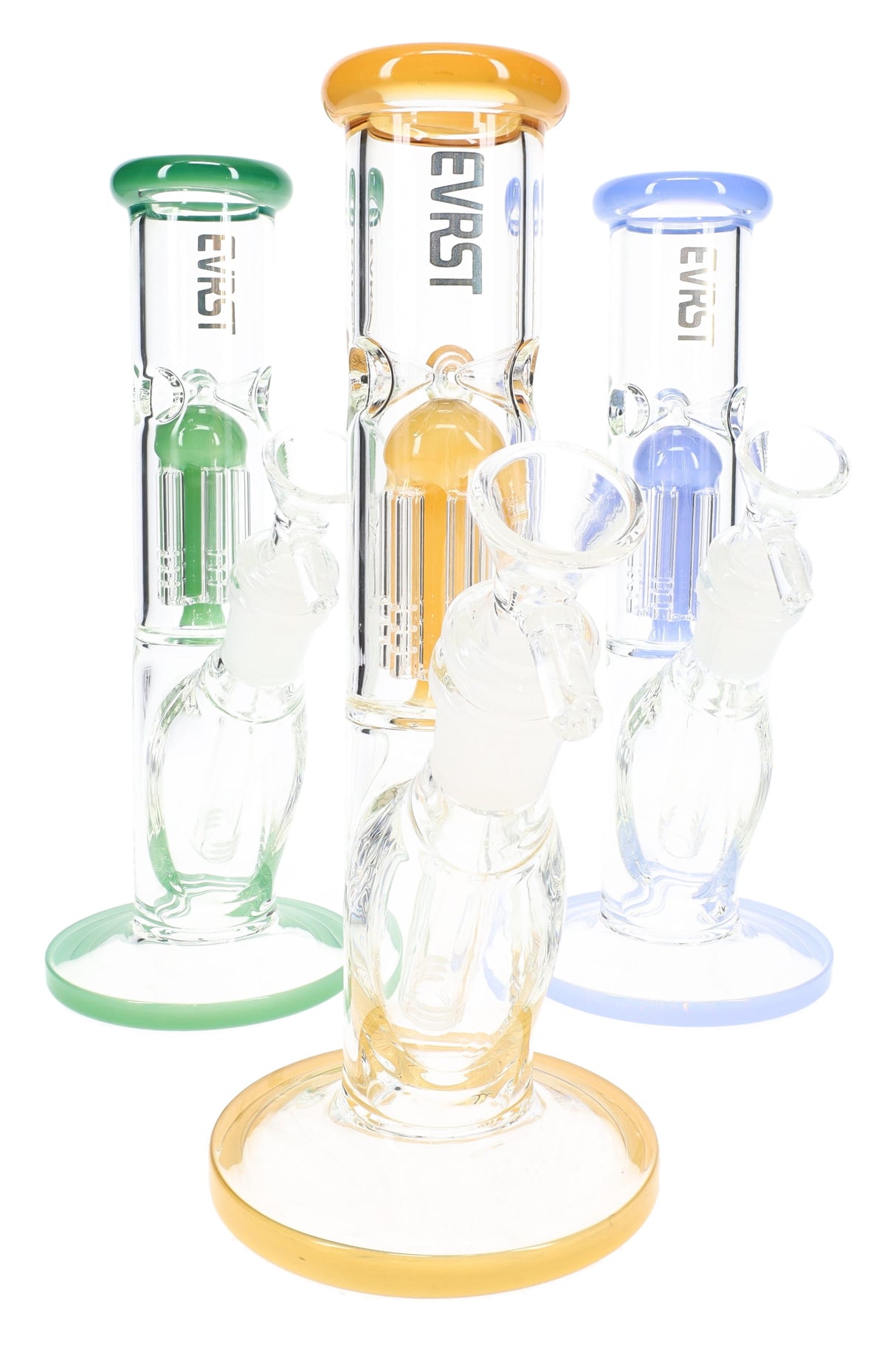 Group of EVRST 8½″ straight shooter bongs with assorted accent colors, tree percs and angled glass-on-glass bowls