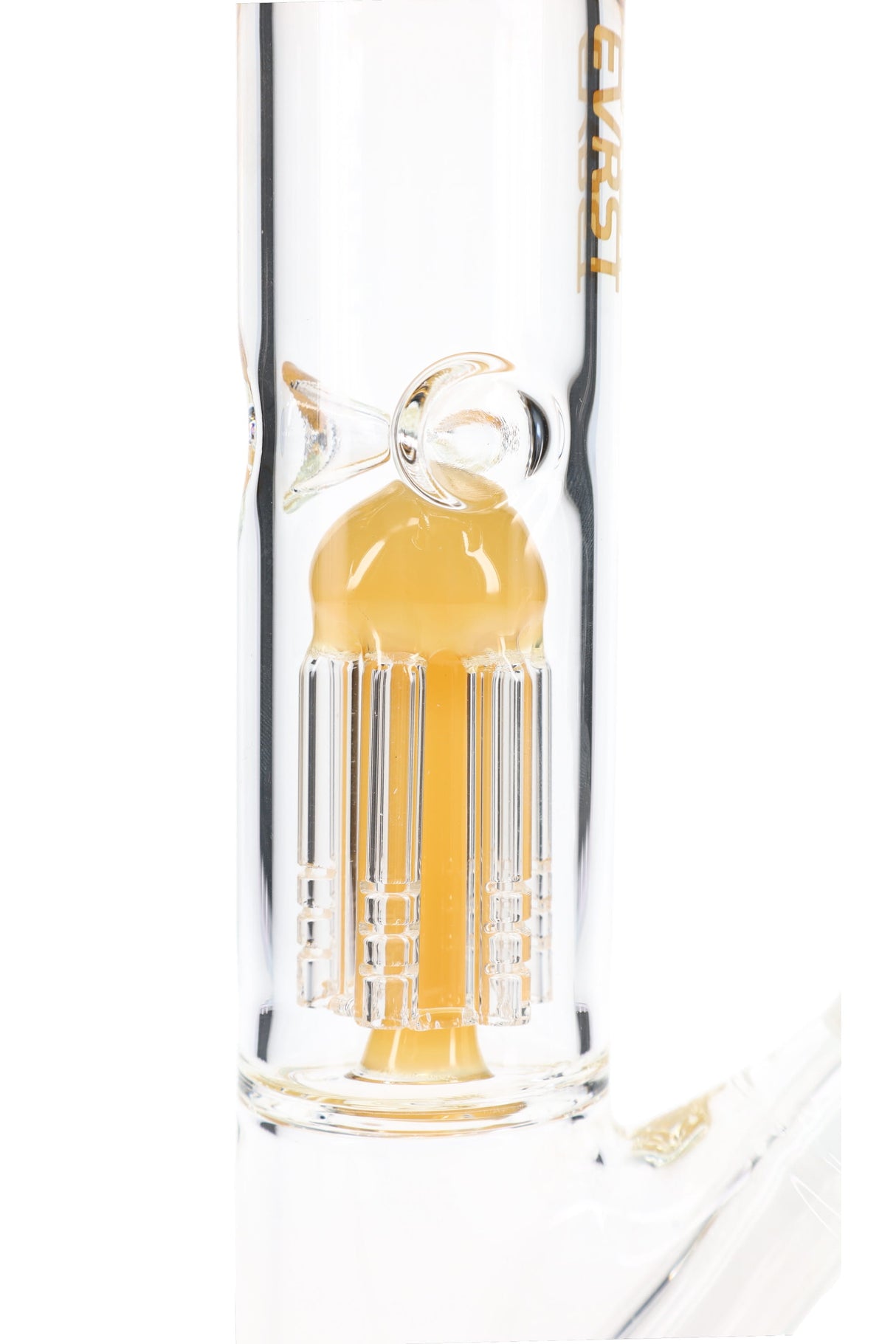 Close-up of EVRST tree perc inside straight shooter bong, showing multi-arm diffuser and colored glass stem detail
