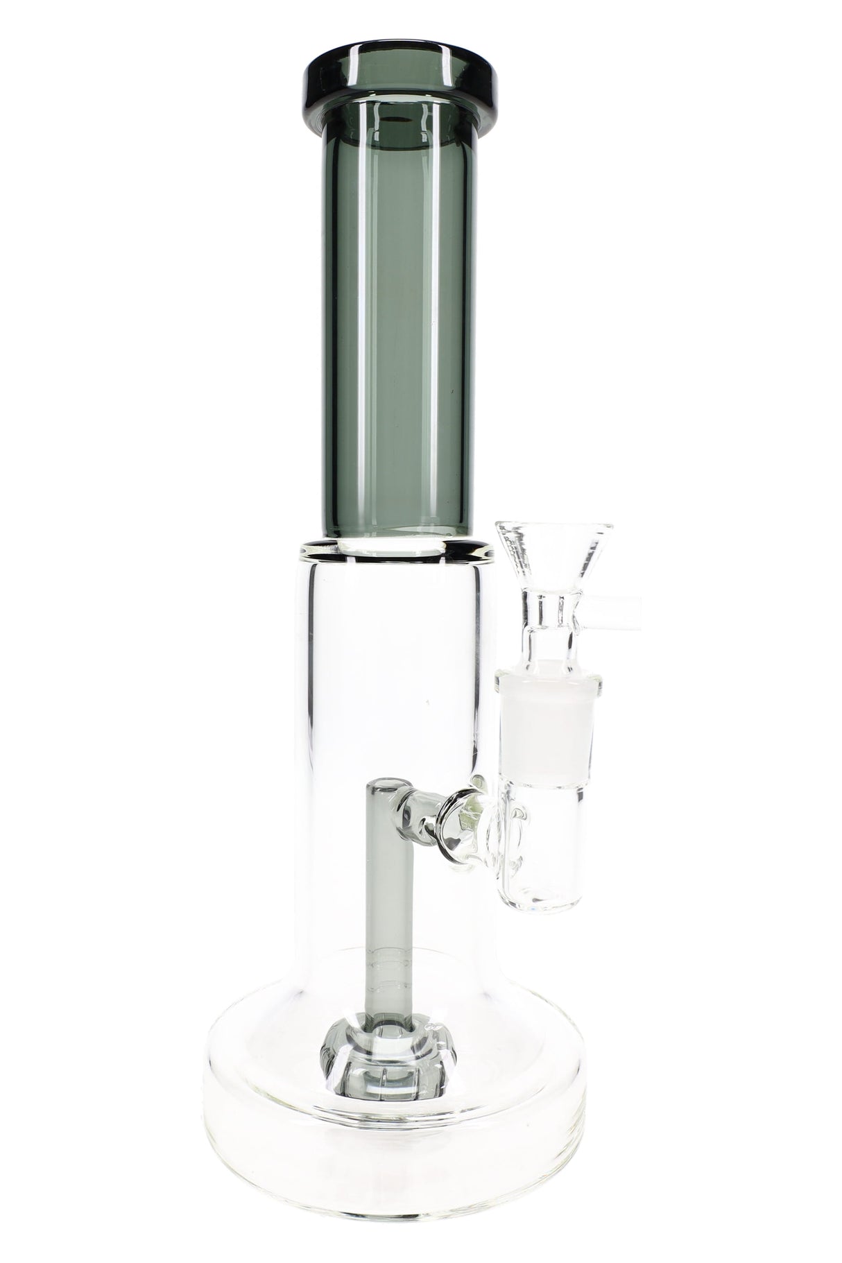 10″ stemless glass-on-glass bong with smoky gray neck accent, showerhead perc, wide base, and clear bowl