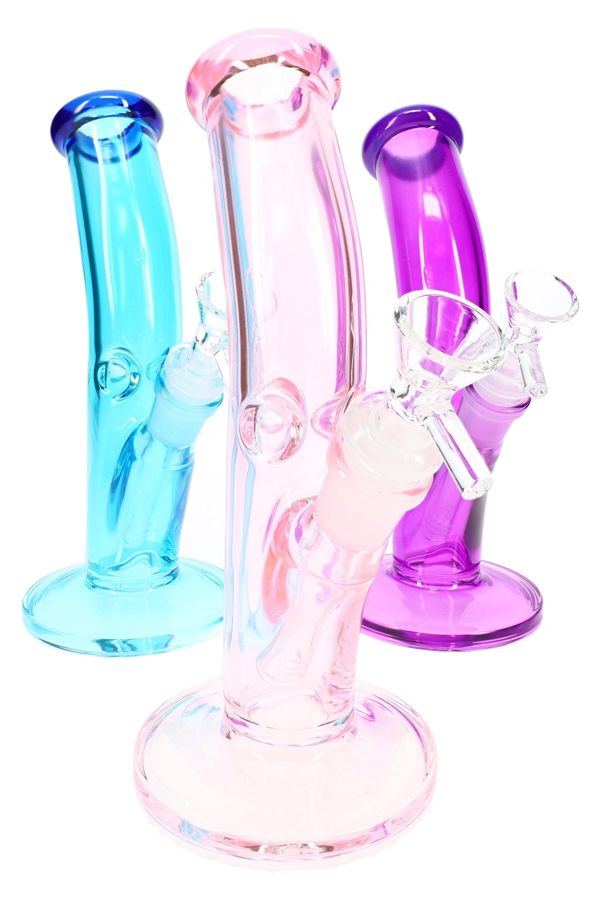 Assorted 8½″ curved glass bongs in blue, pink, and purple with angled glass-on-glass bowls and round bases