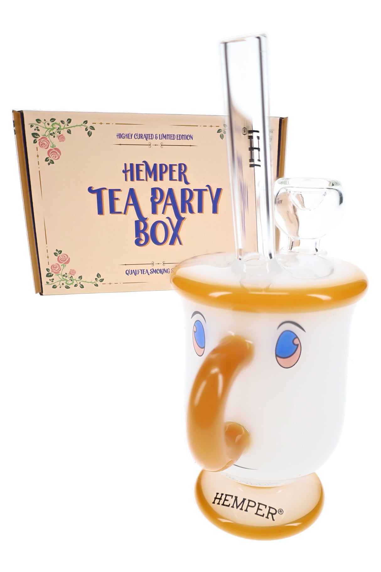 Boxed Hemper Tea Party tea cup bong with clear straw mouthpiece, amber handle, and matching themed packaging