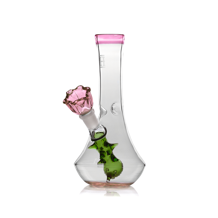Front view pink-rim flower vase bong with pink rose bowl, vase-style 7″ glass bong and wide 3.5″ base