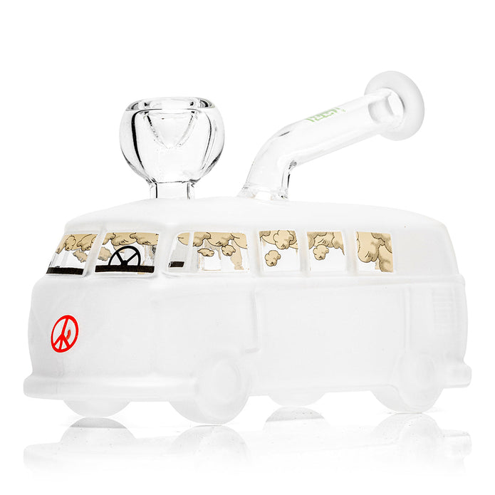 Opposite-side view Groovy Van bong with bent mouthpiece and window smoke decals, compact Hemper mini bong profile