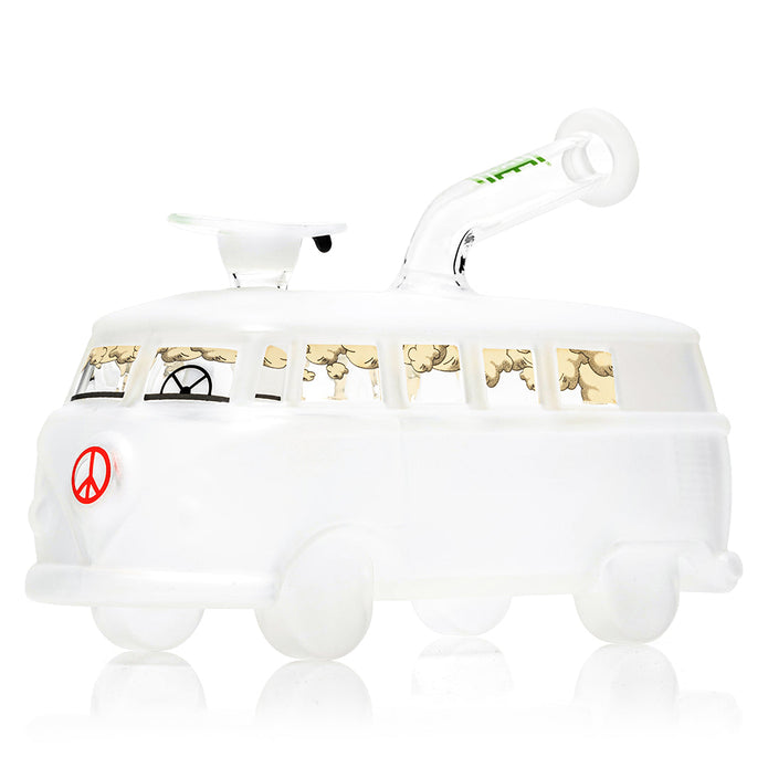 Side view of van-shaped glass bong showing hotbox smoke window decals and recessed 14 mm joint area