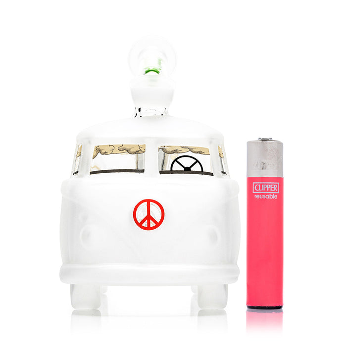 Groovy Van XL bong next to pink lighter for size reference, frosted van body and bent mouthpiece visible