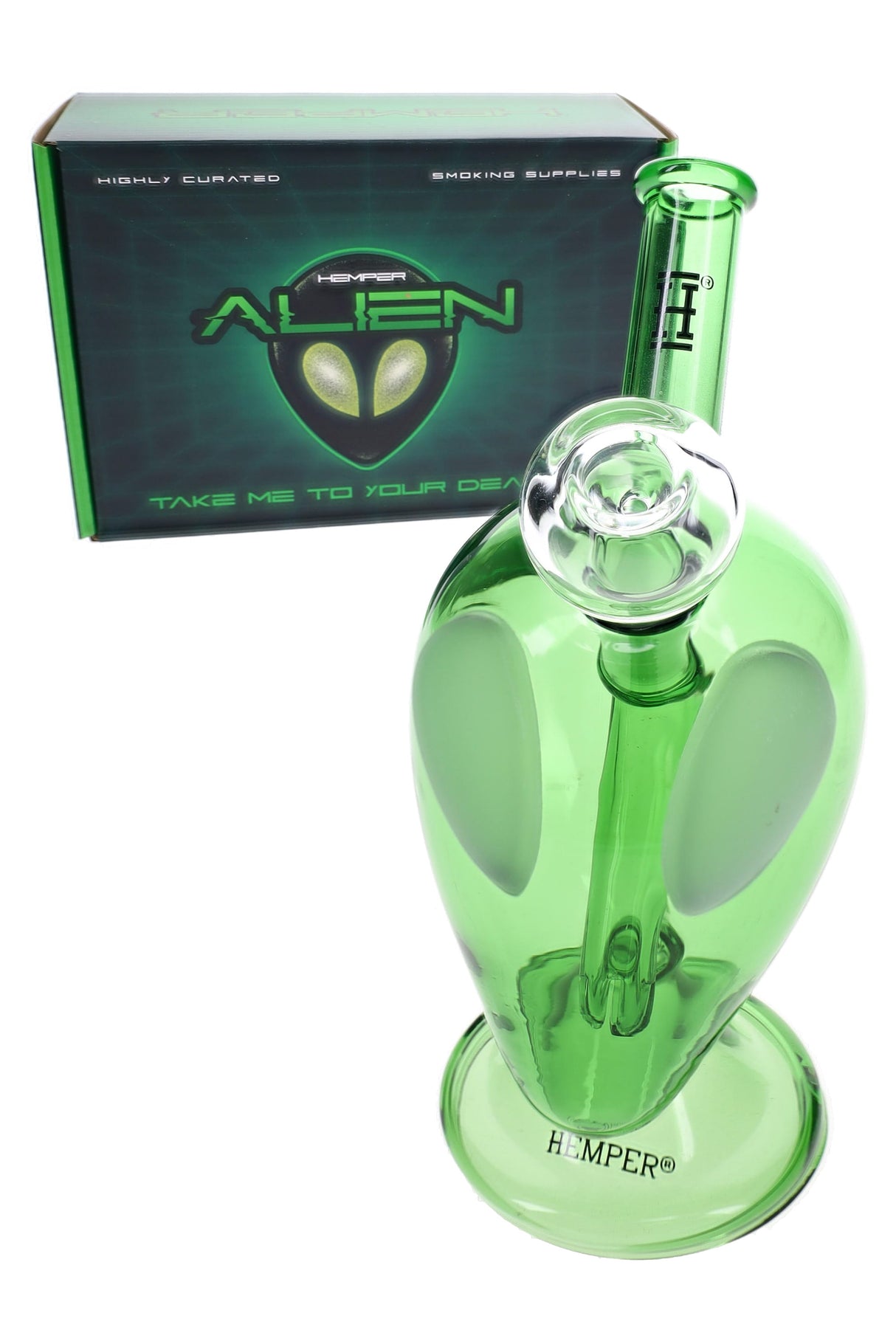 Hemper alien head glass bong with retail box, translucent green body, frosted oval eyes, and clear bowl included
