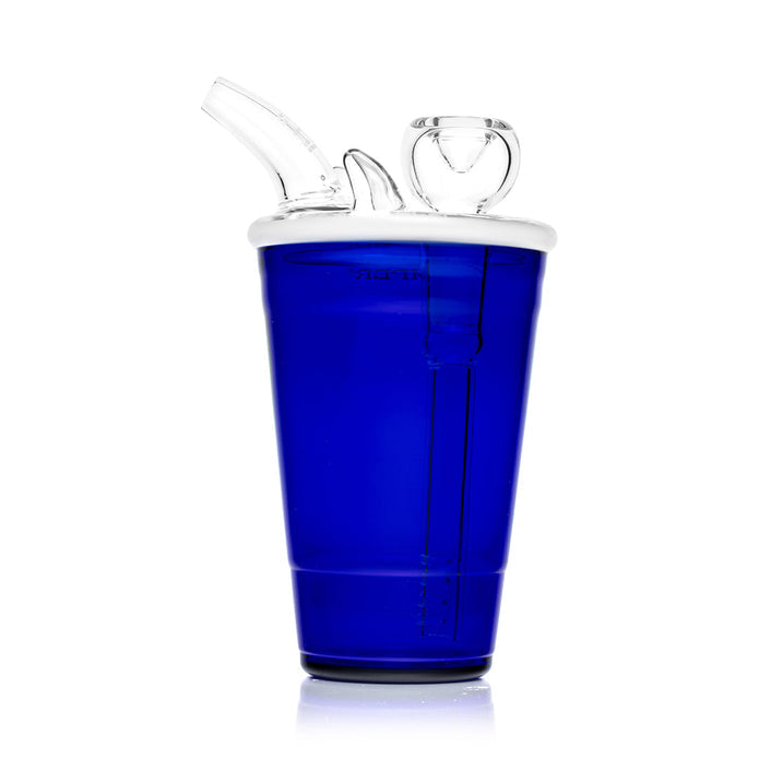 Side profile of blue party cup bong showing clear mouthpiece angle, white rim, and visible internal downstem tubing