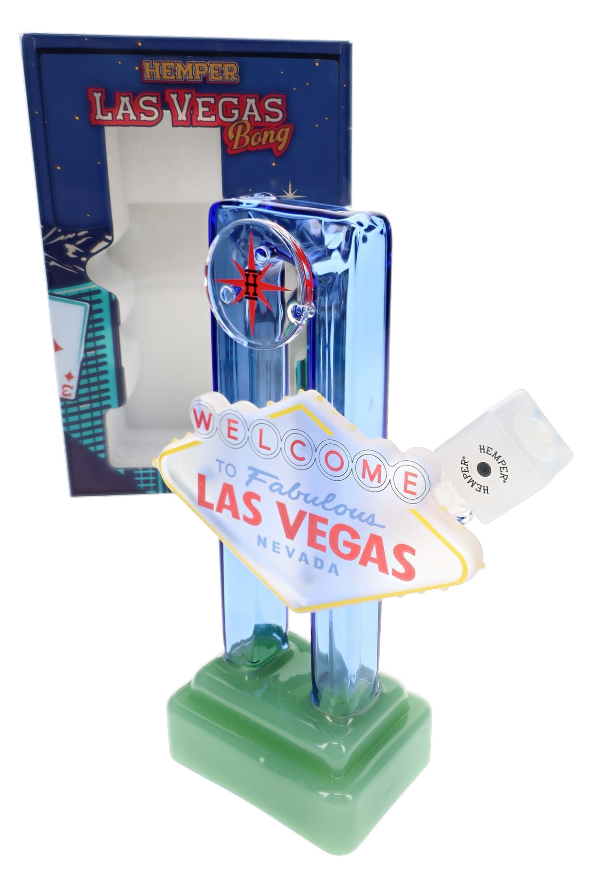 Hemper Las Vegas Sign XL bong with retail box behind, colorful marquee-style accents and compact 8″ profile display