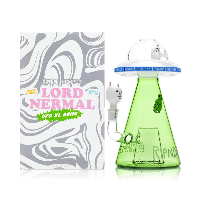 RIPNDIP x Hemper Lord Nermal UFO XL bong next to collab box, saucer top with blue logo band and green base