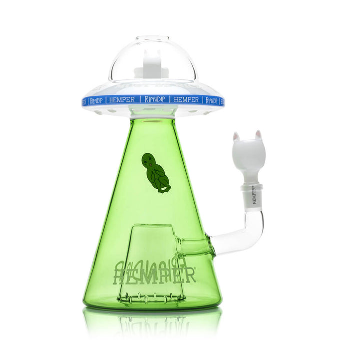 Rear view of Lord Nermal UFO XL bong showing green cone body graphic and white cat bowl joint on the right side