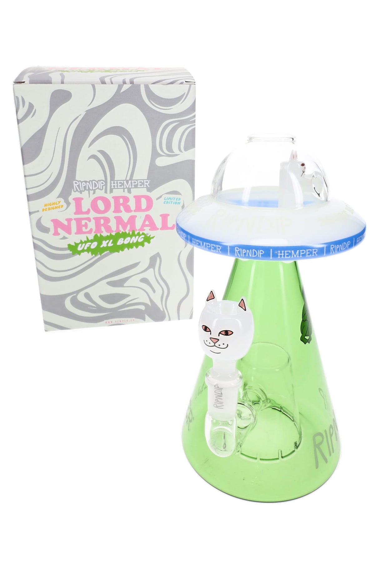 Boxed Lord Nermal UFO XL bong set with RIPNDIP x Hemper packaging, green cone body, and cat bowl attachment