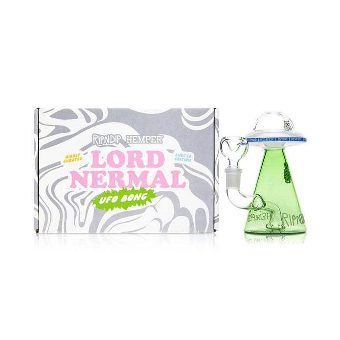 RIPNDIP x Hemper Lord Nermal UFO bong next to collab box, compact saucer silhouette with green cone body display