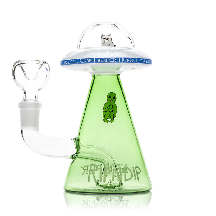 Front view Lord Nermal UFO glass bong with clear dome top, blue RIPNDIP x Hemper band, and green cone chamber