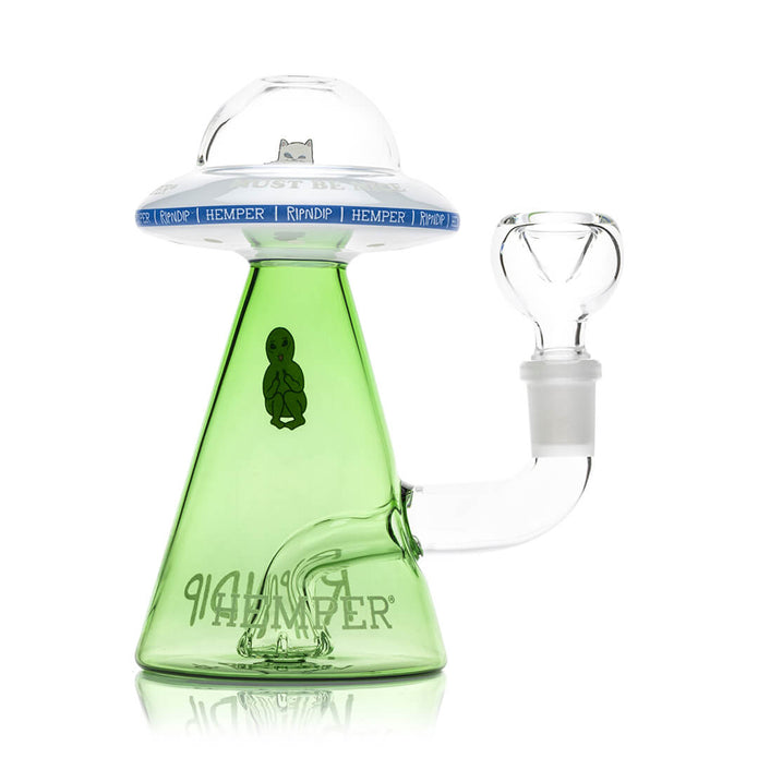 Side view of Lord Nermal UFO bong showing clear bowl on joint, green cone body, and “MUST BE NICE” saucer detail