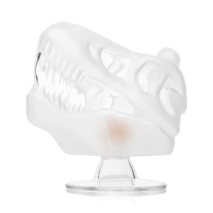 Front angle dinosaur skull bong with frosted glass teeth and amber inner detail, compact tabletop skull water pipe