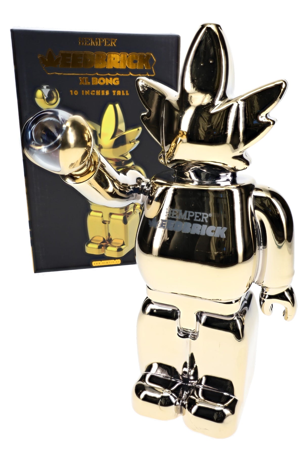 Boxed Hemper Weedbrick XL gold glass bong at angle, reflective character design with clear bowl for dry herb use
