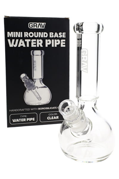 Clear 7″ GRAV glass bong with round base, ice pinch, and concave neck shown in angled close-up view