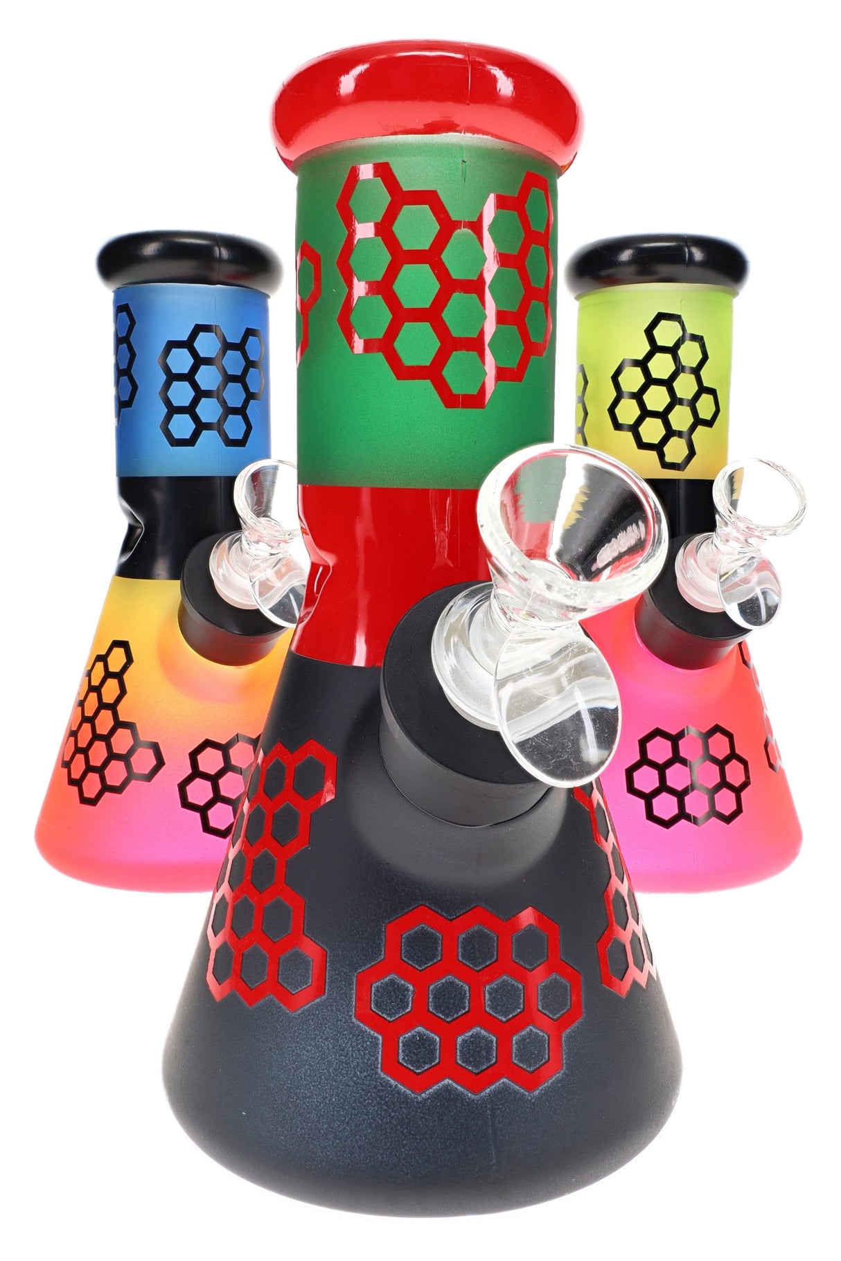 Honeycomb design 8-inch glass beaker bong with black accents and compact beaker shape, retail display view