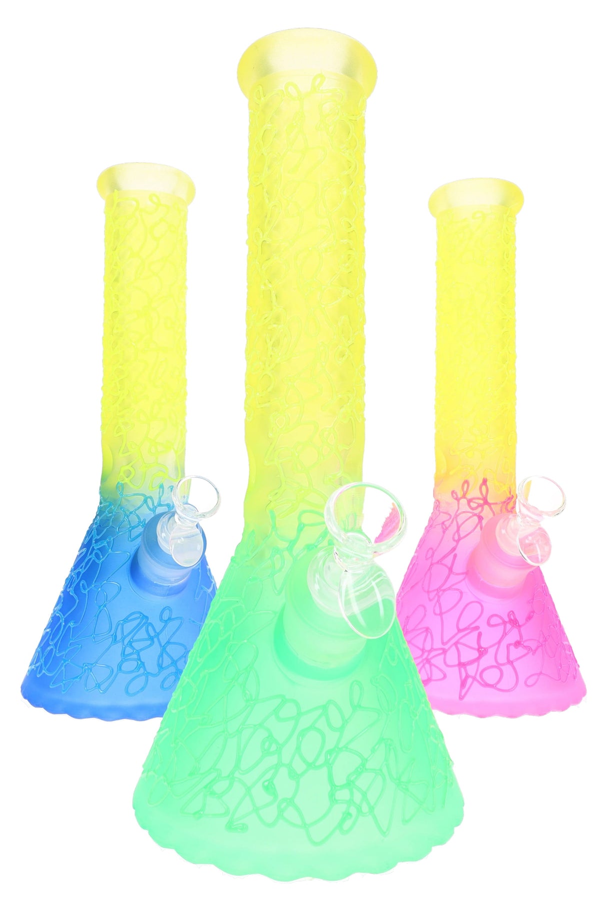 Squiggle design 12.5-inch glass beaker bong with ice pinch and clear base, front retail display angle