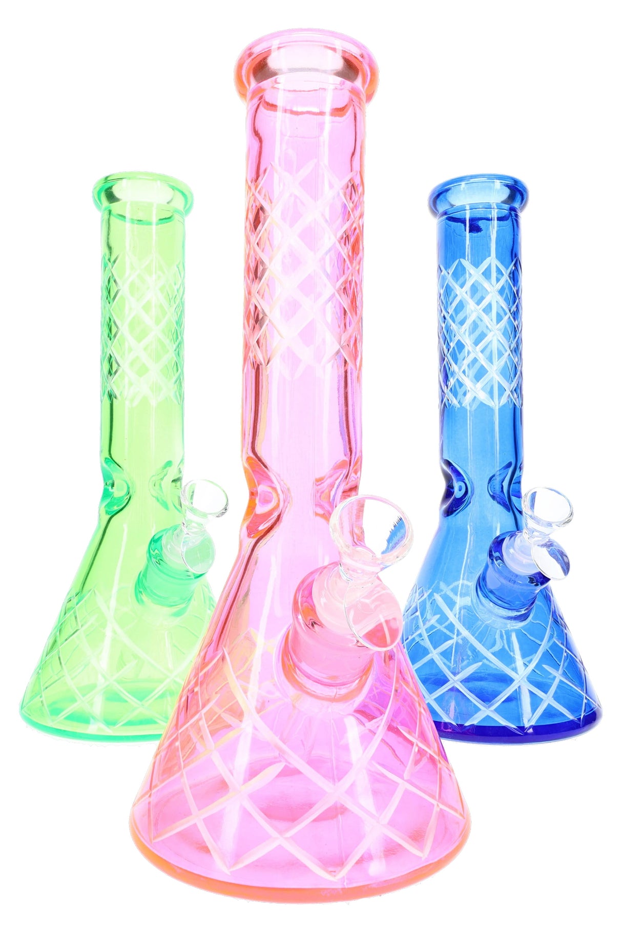 Criss Cross design 12.5-inch glass beaker bong with geometric pattern and beaker base, front display view