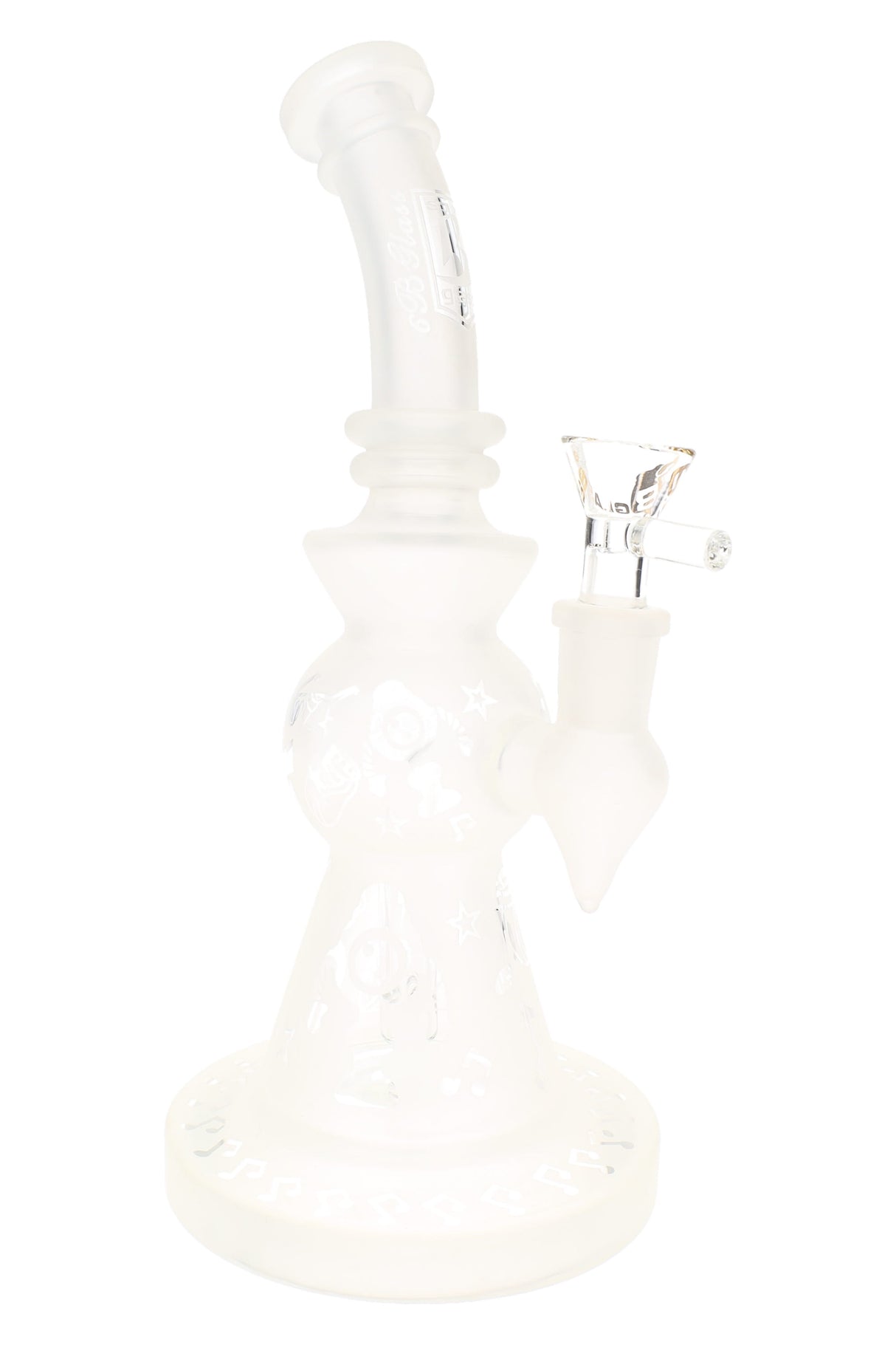Frosted 9.5″ stemless beaker bong with curved mouthpiece, 14.5 mm glass-on-glass joint, and compact base
