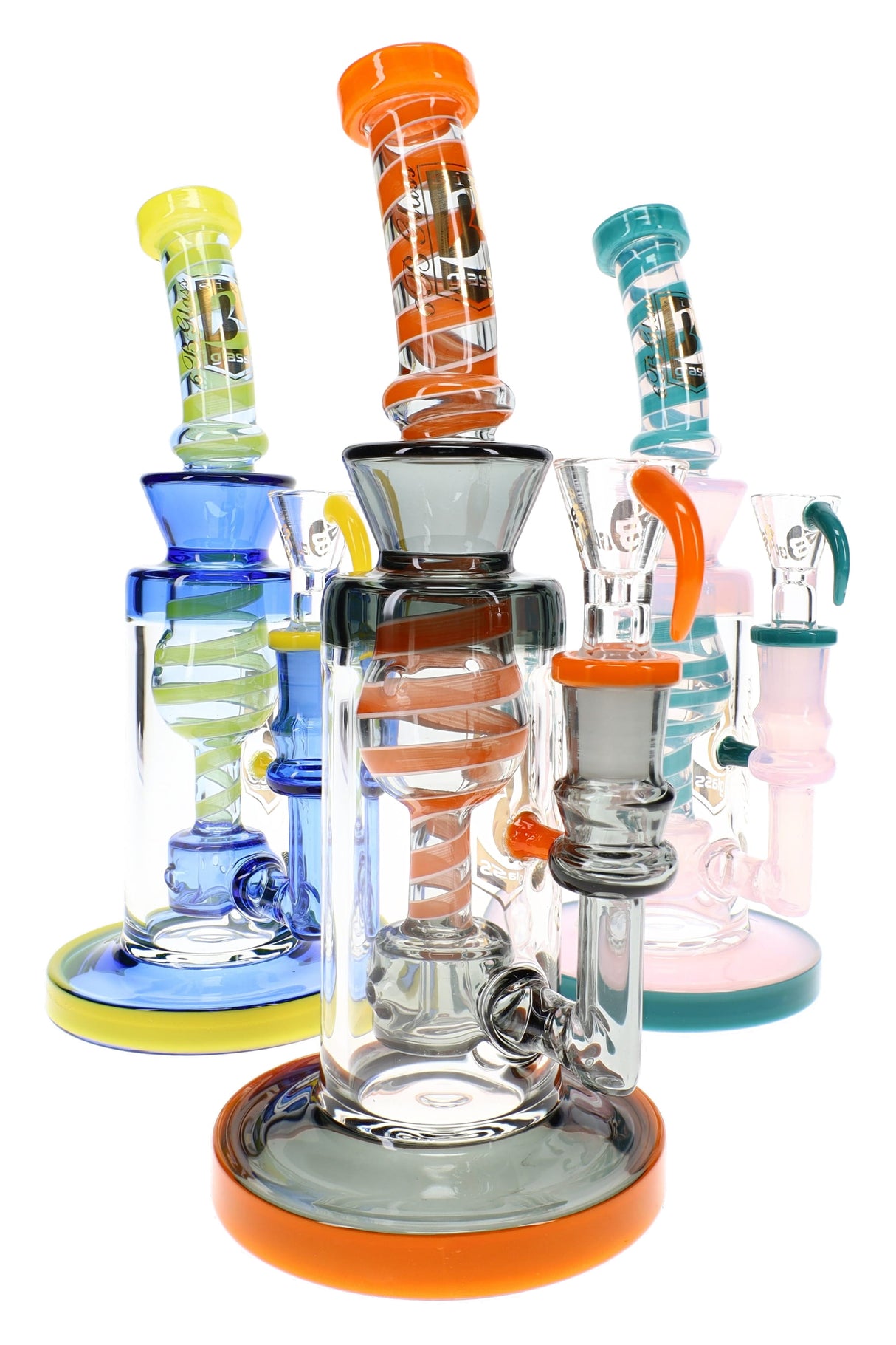 Assorted 9″ stemless glass bongs in blue, gray-orange, and pink-teal with striped necks and dual perc chambers