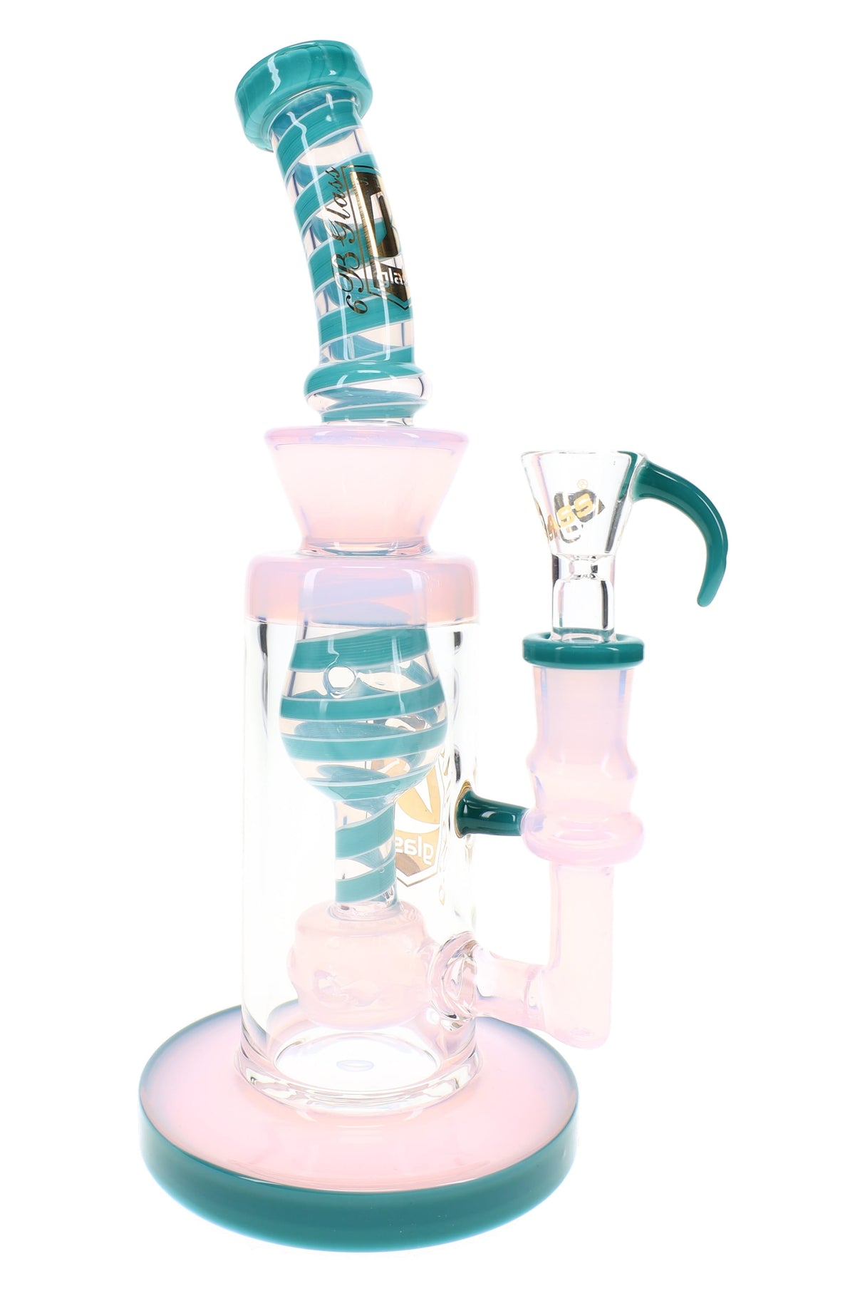 Pink and teal straight tube bong with swirl-striped neck, clear chamber, sphere perc, and matching male bowl