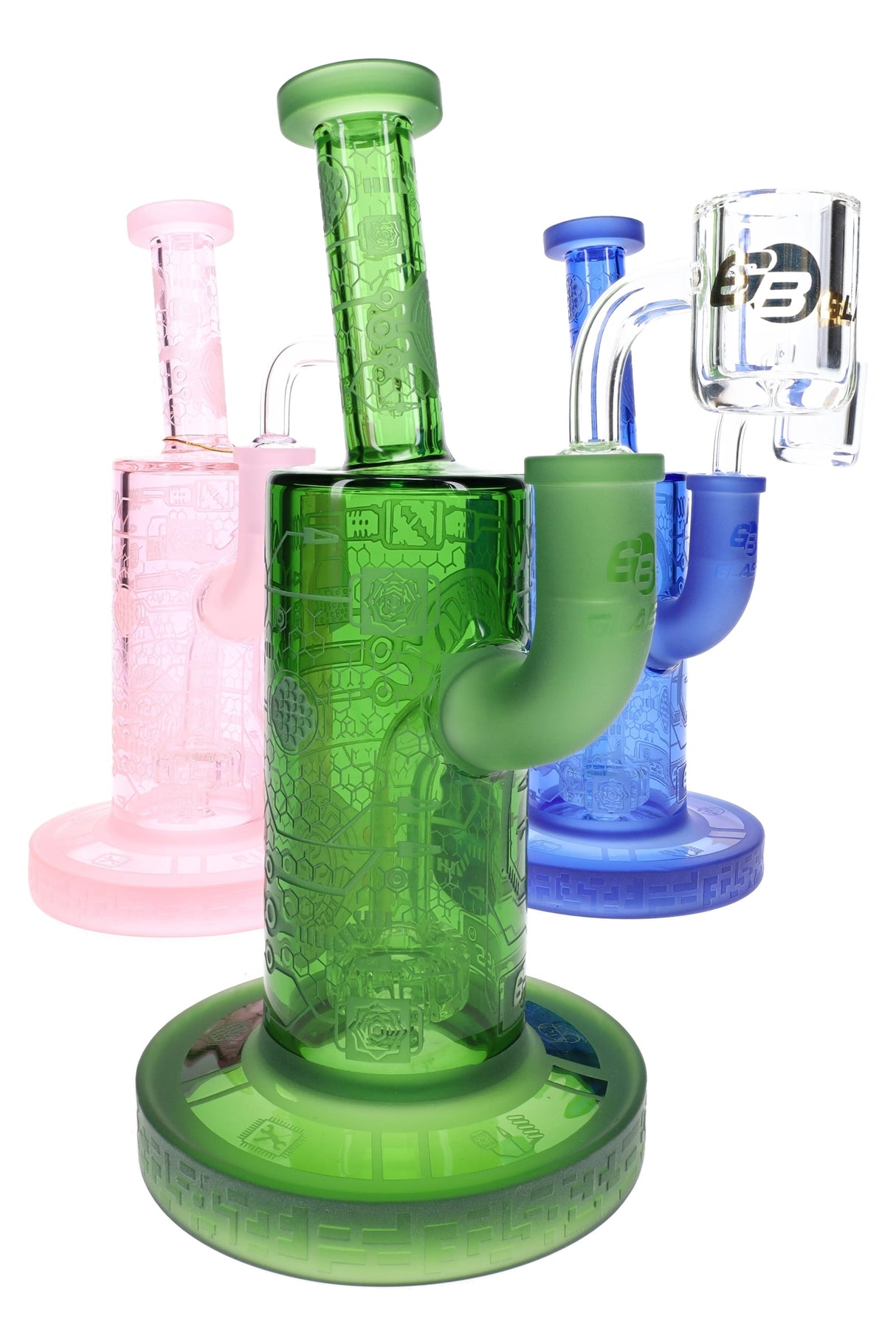 Assorted pink, green, and blue dab rigs with frosted biotech graphics and compact stemless straight bodies