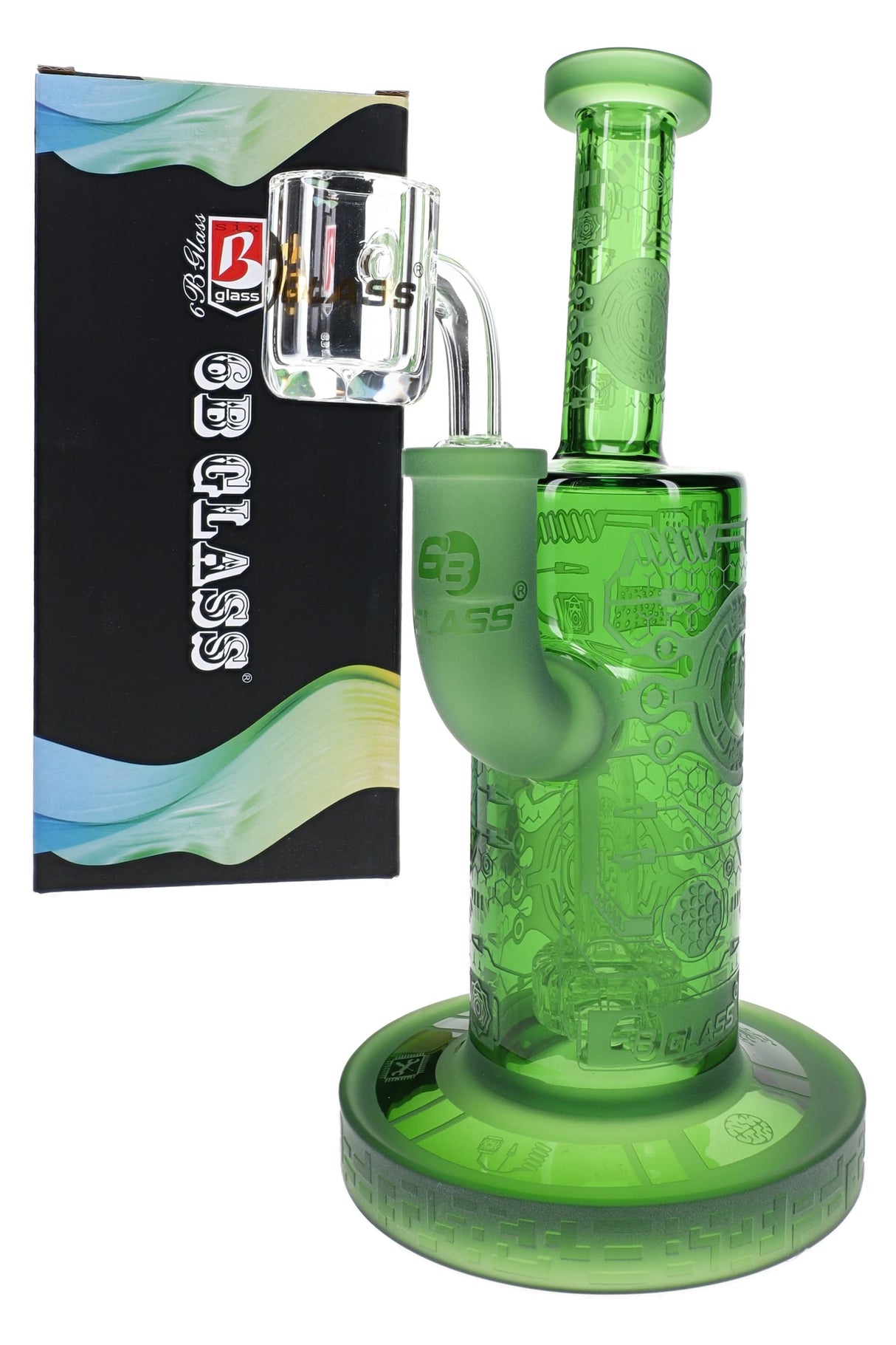 Green 8″ dab rig with frosted biotech pattern, clear banger, compact straight body, and branded retail box