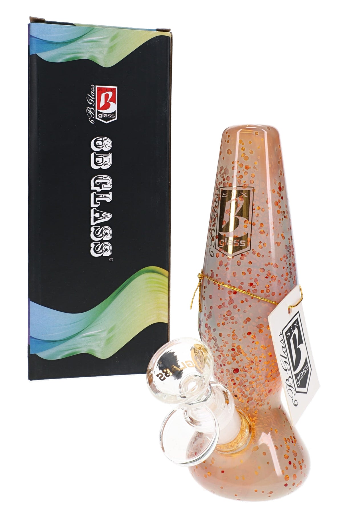 Peach 6″ silver-fumed glass bong with compact beaker base, clear 14.5 mm bowl, and 6B Glass retail box