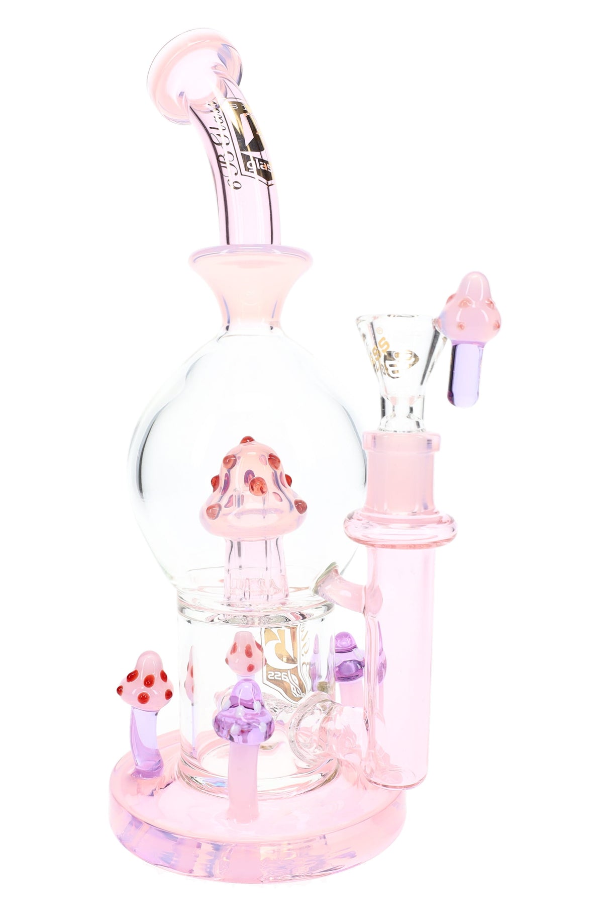 Pink 10″ mushroom water pipe with clear globe chamber, inline perc, and bright colored glass accents