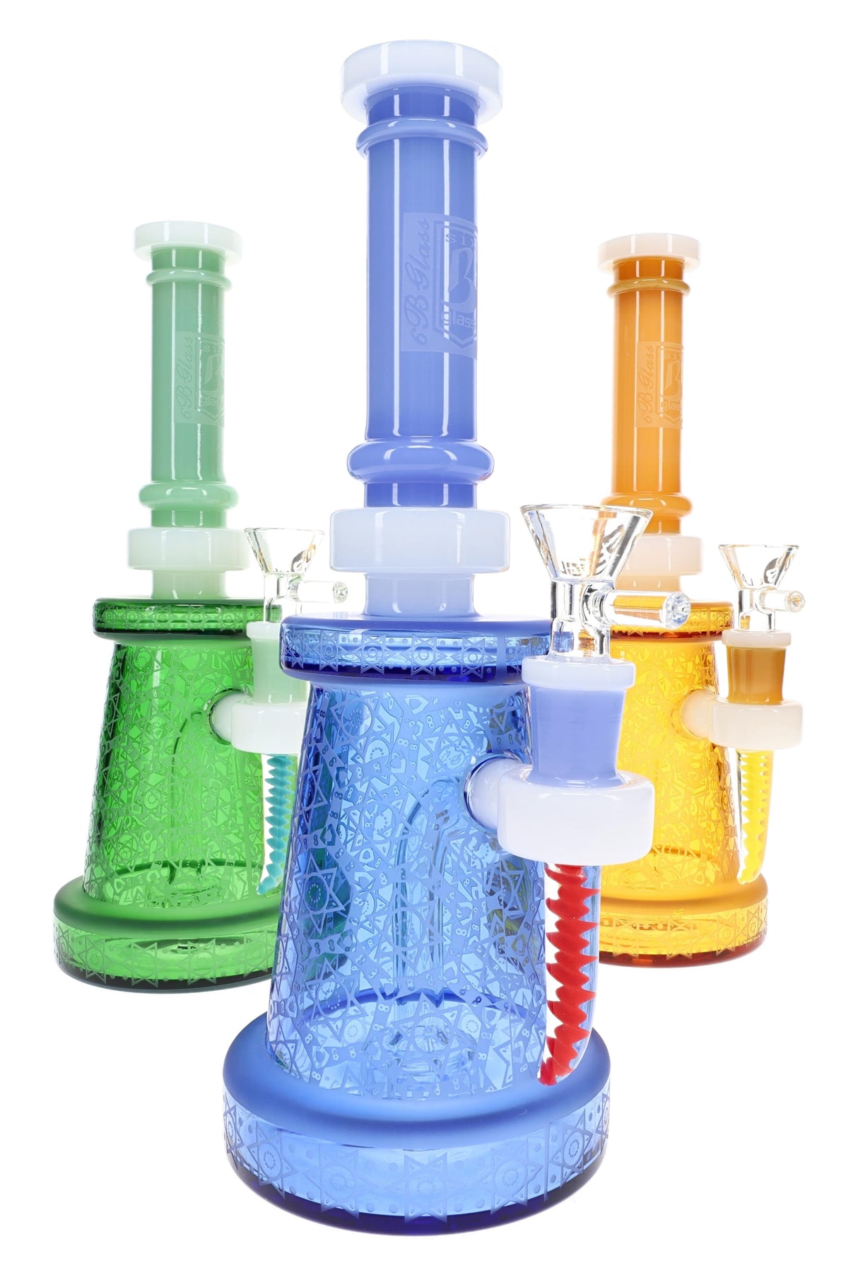 Assorted blue, green, and amber beaker bongs with frosted star pattern and colorful spike accents