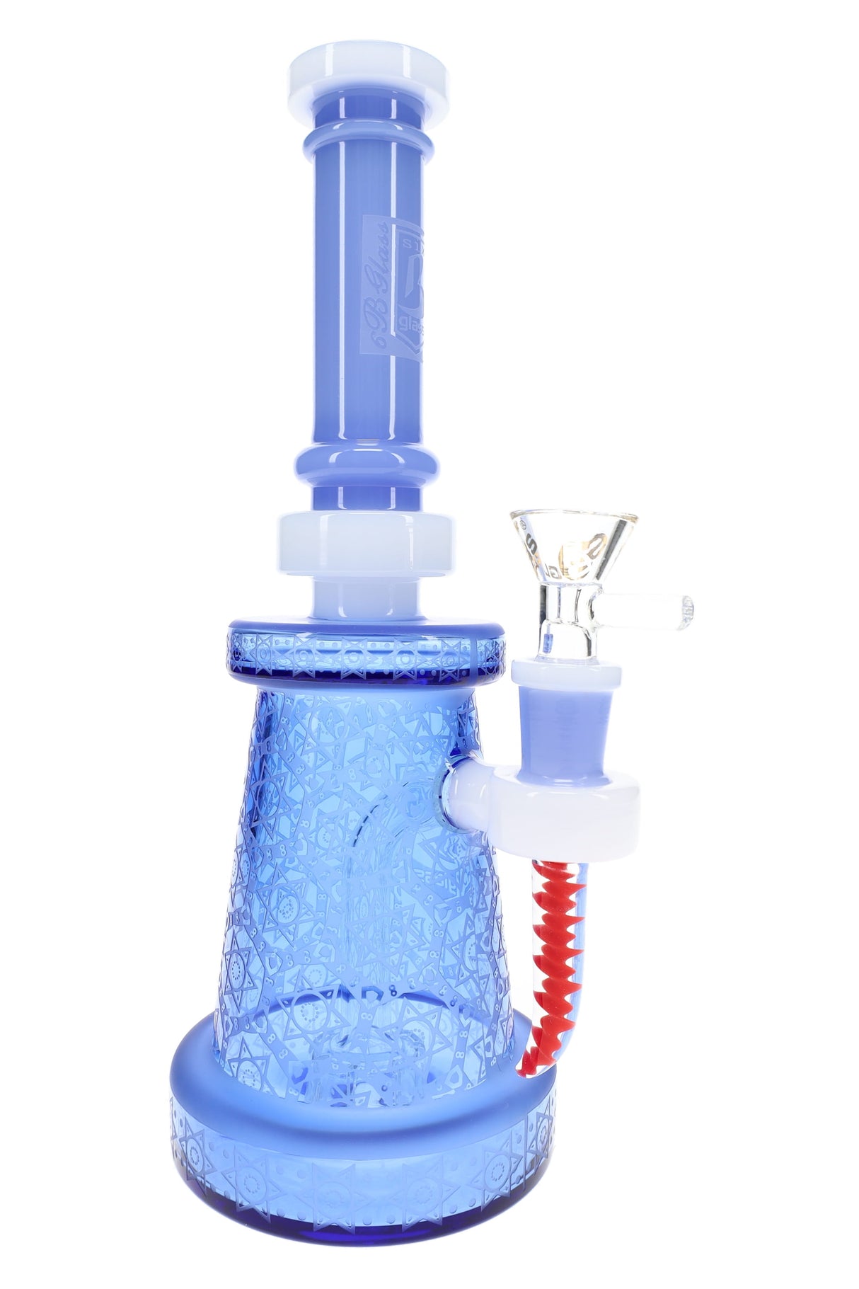 Blue 9.5″ stemless bong with frosted star body, red spike detail, showerhead perc, and clear male bowl