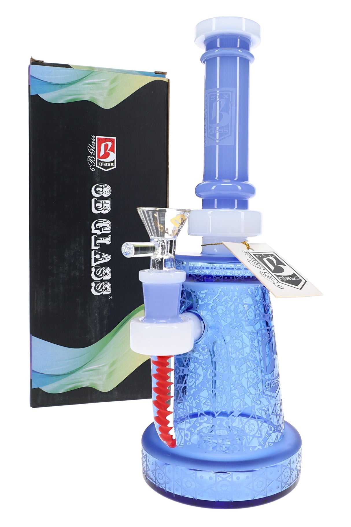Blue 9.5″ glass bong with frosted star design, red spike accent, clear 14.5 mm bowl, and retail box