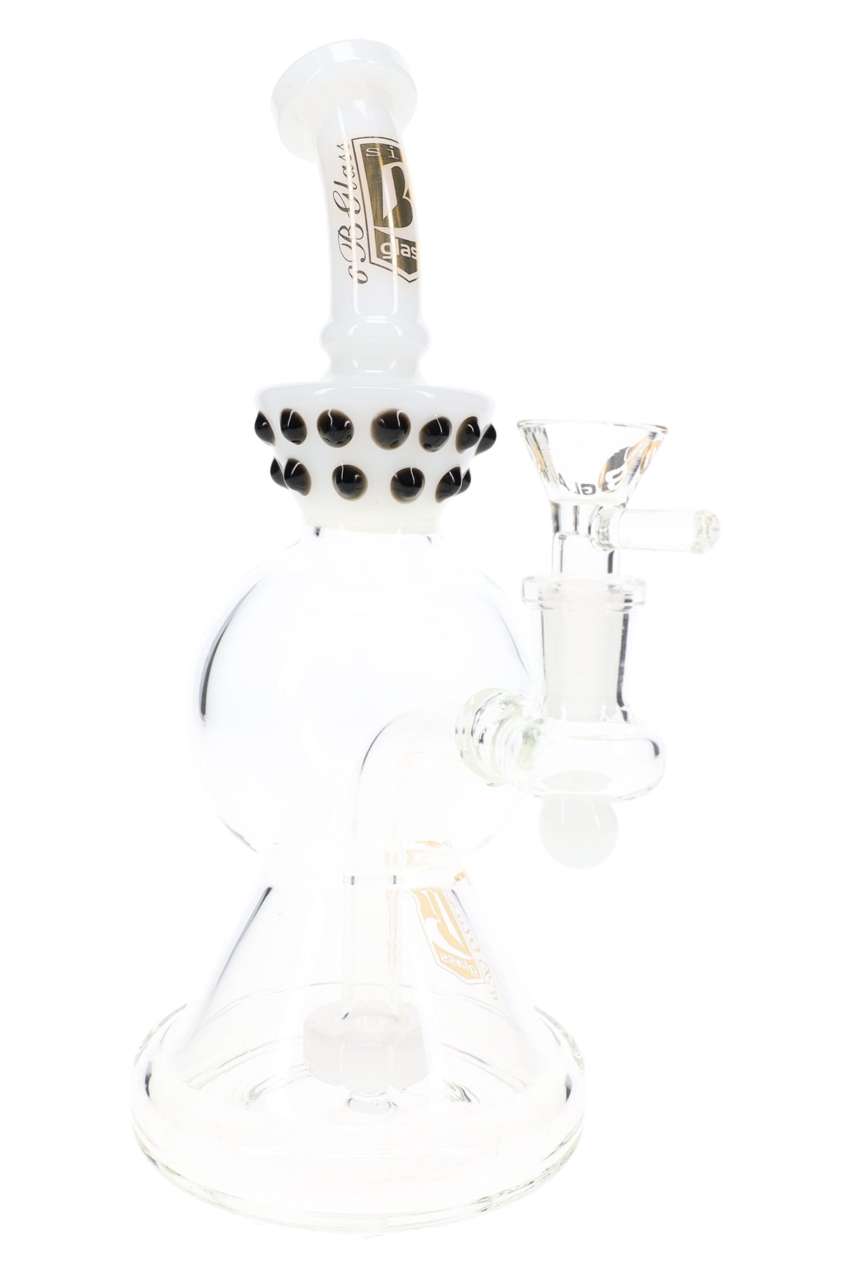 White 9″ stemless beaker bong with black marble accents, showerhead perc, and clear male glass bowl
