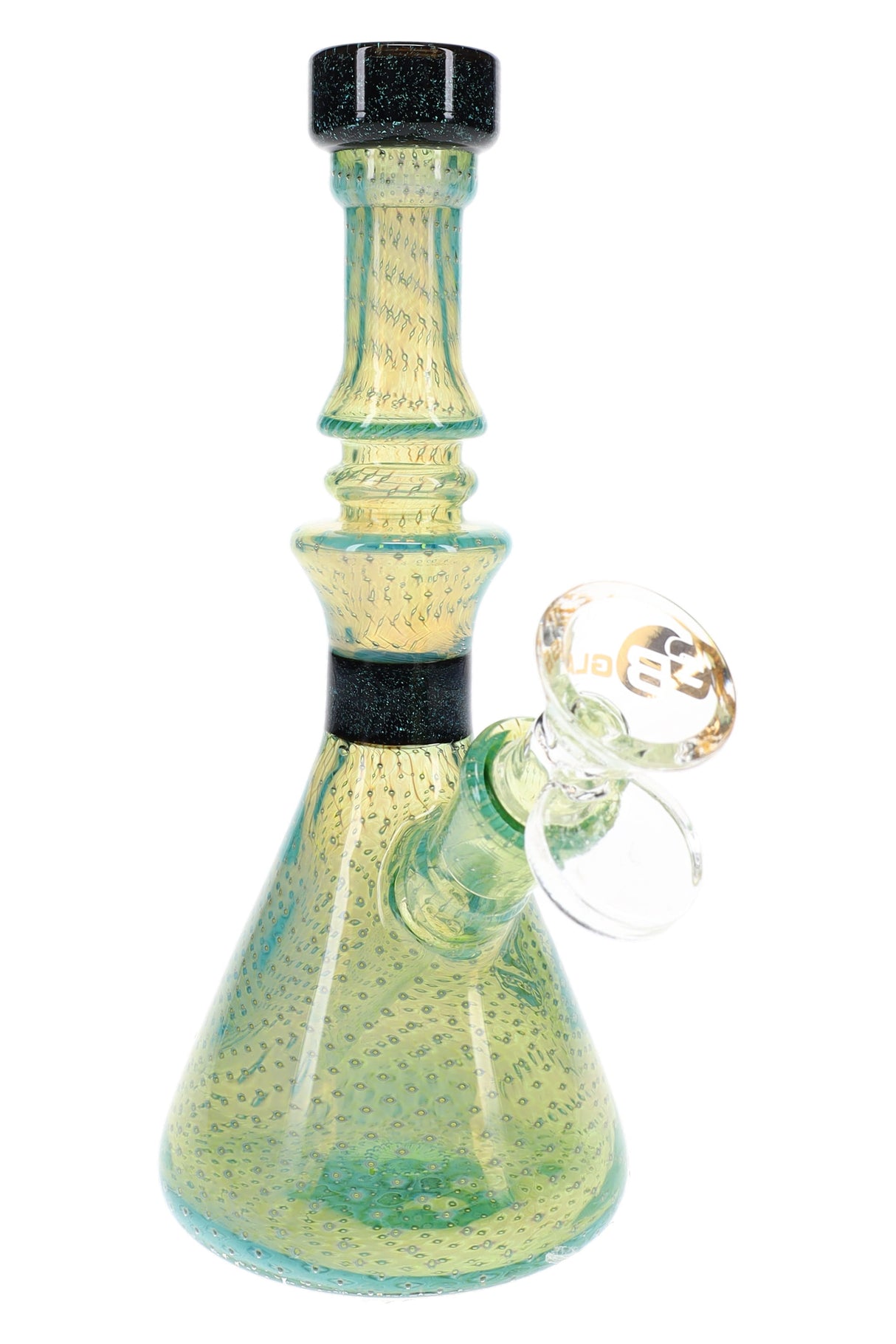 Green 7″ silver-fumed bong with textured bubble chamber, black dichro bands, and clear male glass bowl