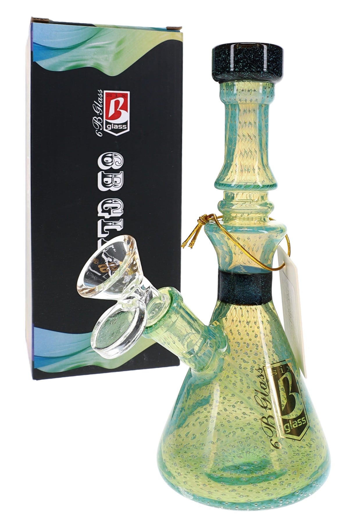 Green 7″ beaker bong with silver-fumed bubble texture, black dichro accents, clear 14.5 mm bowl, and retail box