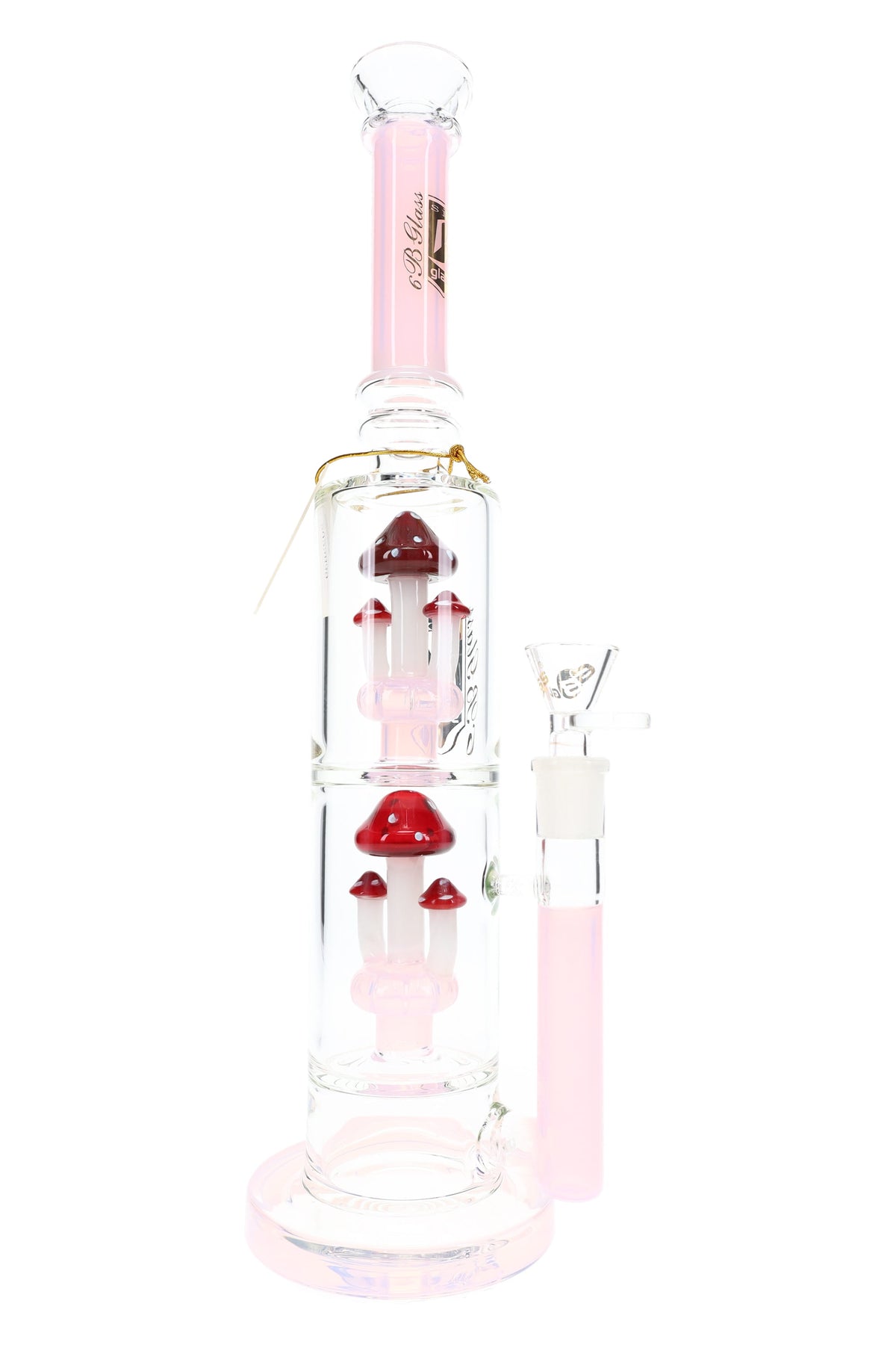 Pink 14″ straight tube bong with red dual mushroom percs, clear 14.5 mm bowl, and bright accent details